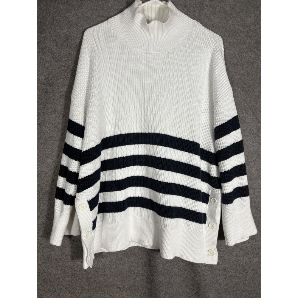 French‎ Connection Womens XL White Navy Striped Mock Neck Button Side Sweater